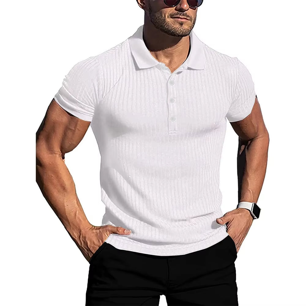 New Summer Polo Men Solid Stripe Fitness Elasticity Short Sleeve Polo Shirts for Men Fashion Stand Collar Mens Shirts