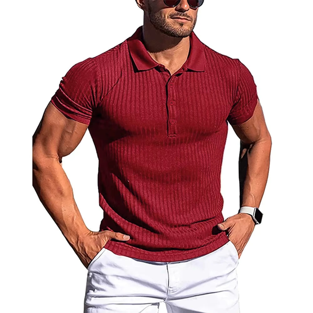 New Summer Polo Men Solid Stripe Fitness Elasticity Short Sleeve Polo Shirts for Men Fashion Stand Collar Mens Shirts