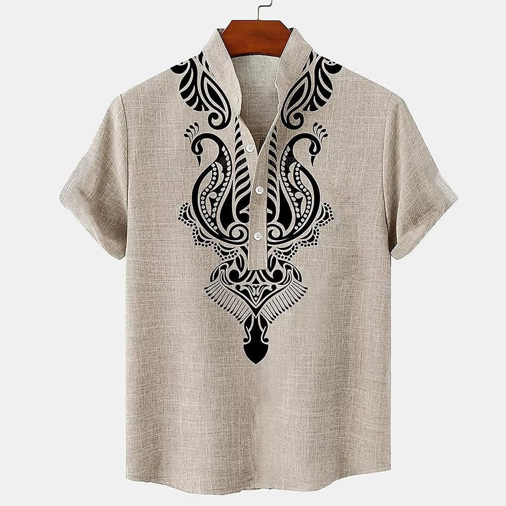 Ethnic Style 3D Print Henley Shirts Men'S Fashion Oversized Button Stand Collar Short Sleeve T Shirt Male Tees Tops Man Clothing