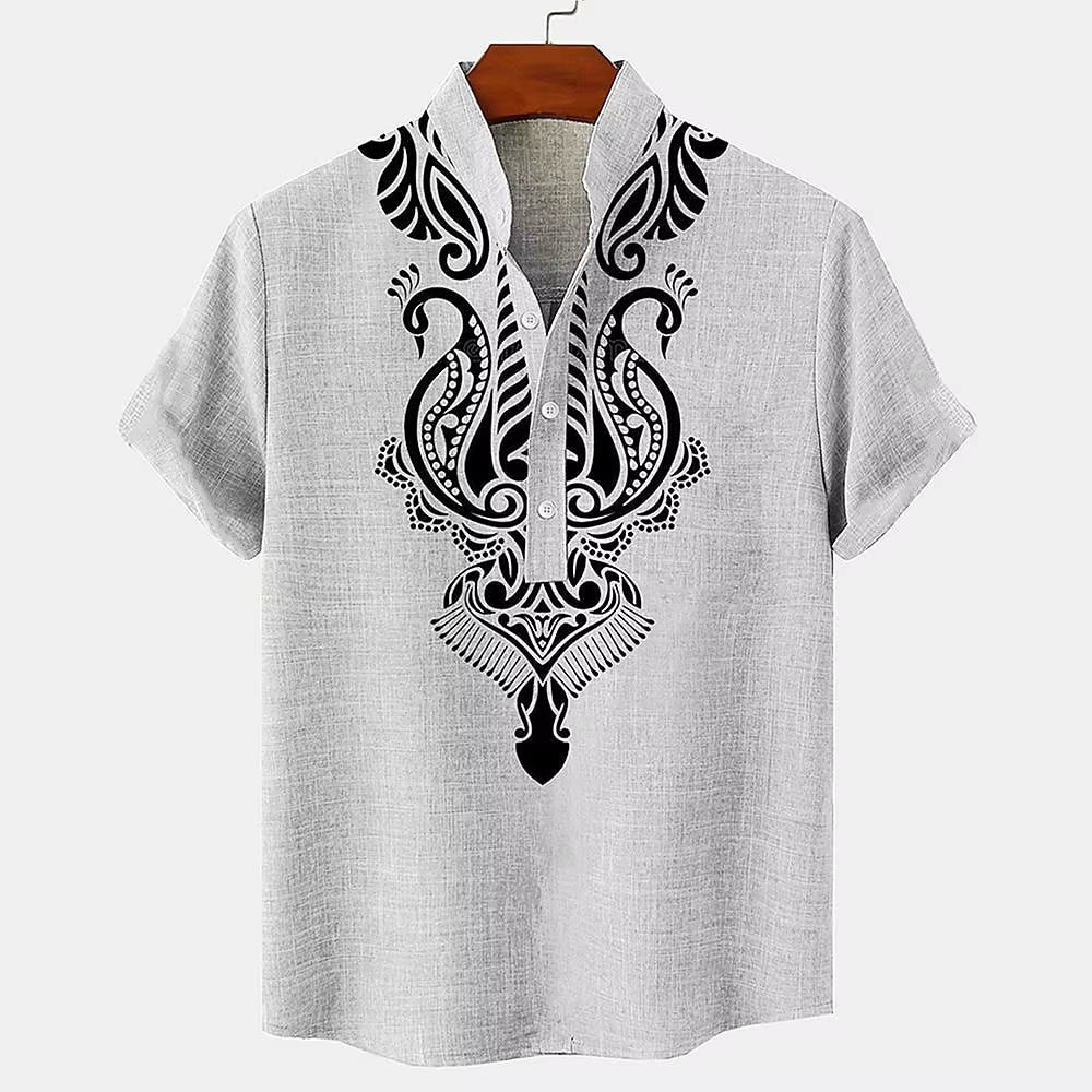 Ethnic Style 3D Print Henley Shirts Men'S Fashion Oversized Button Stand Collar Short Sleeve T Shirt Male Tees Tops Man Clothing