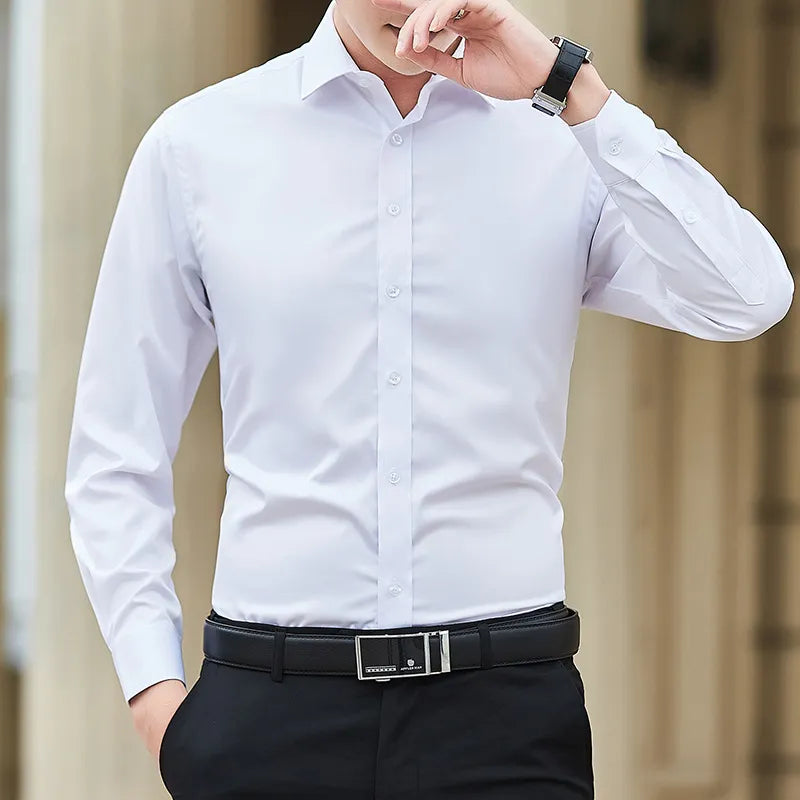 New plus Size Men Solid Color Business Shirt Fashion Classic Basic Casual Slim White Long Sleeve Shirt Brand Clothes