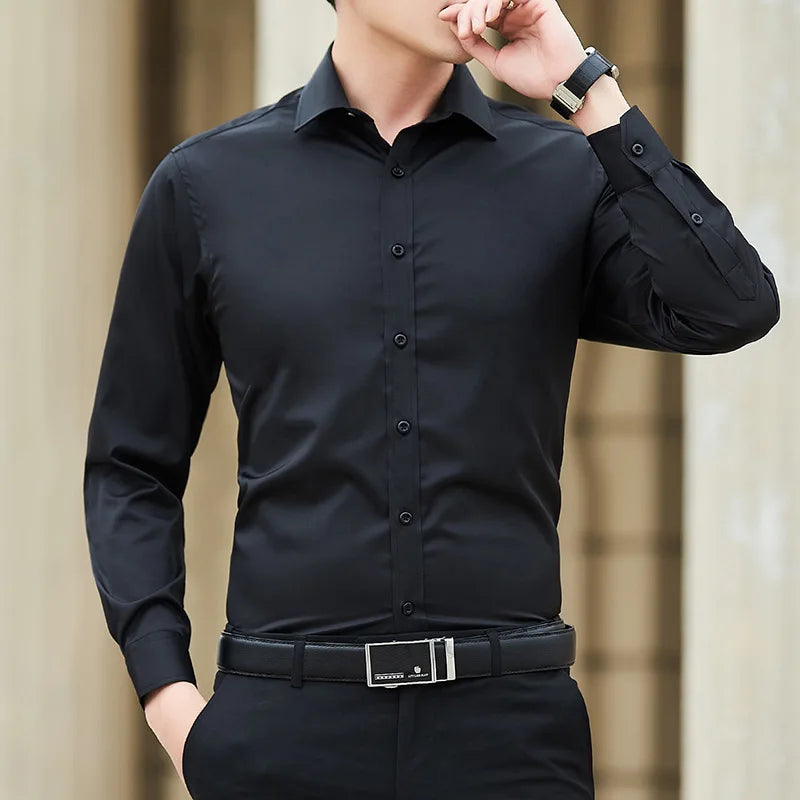 New plus Size Men Solid Color Business Shirt Fashion Classic Basic Casual Slim White Long Sleeve Shirt Brand Clothes